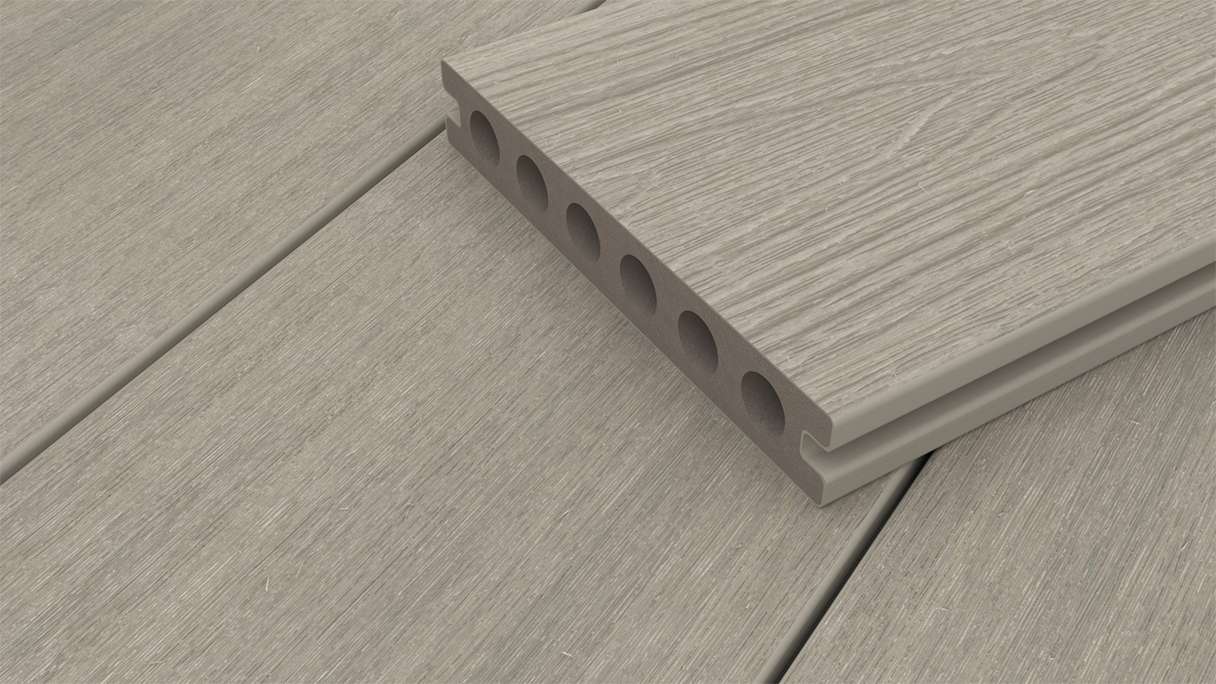 planeo WOODLine Nature - 3m WPC CoEx ummantelte Terrassendiele Verbundprofil leicht - Hellgrau strukturiert/glatt gebürstet
