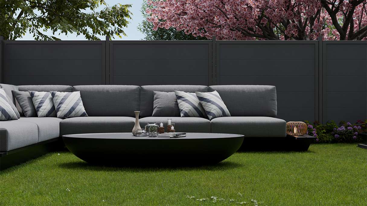 planeo Gardence Simply Guard - PVC-Gartenzaun Anthrazitgrau mit Alu-Rahmen in Anthrazit 180 x 180 cm