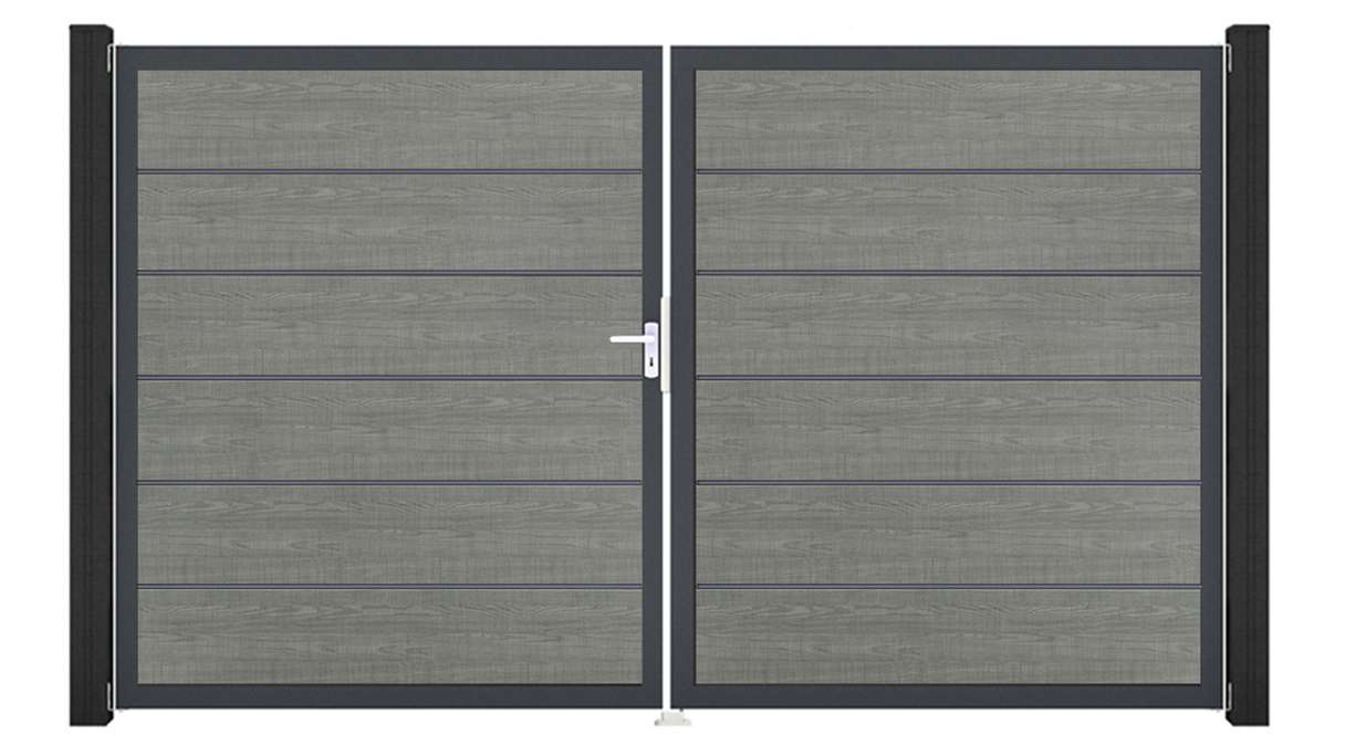 planeo Gardence Simply Premium - PVC-Tor 2-flügelig Grey Ash Cut mit Alurahmen 300 x 180 cm
