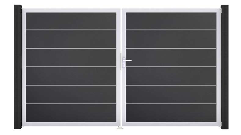 planeo Gardence Simply Premium - PVC-Tor - DIN Rechts 2-flügelig Anthrazit mit Silber-Alurahmen | EV1 300 x 180 cm