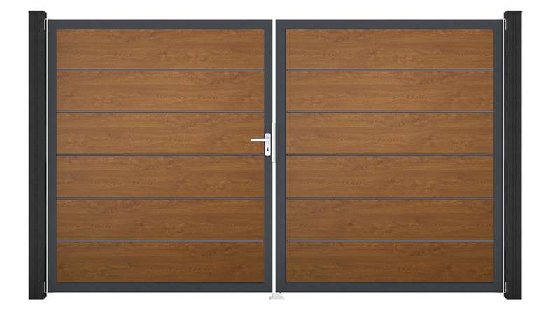 planeo Gardence Simply Premium - PVC-Tor - DIN Links 2-flügelig Golden Oak mit Anthrazit-Alurahmen | DB703 300 x 180 cm