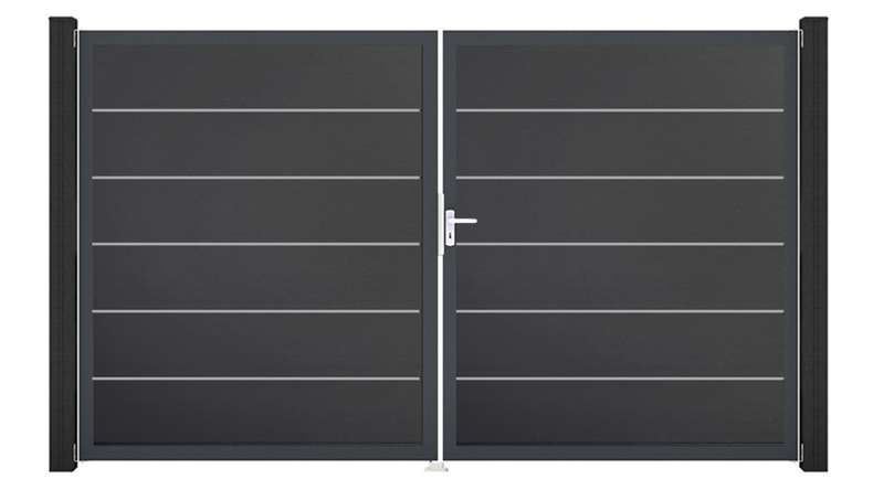 planeo Gardence Simply Premium - PVC-Tor - DIN Rechts 2-flügelig Anthrazit mit Anthrazit-Alurahmen | DB703 300 x 180 cm