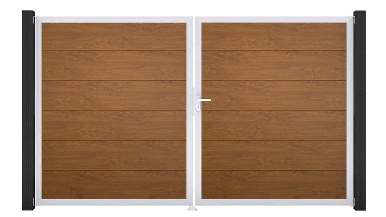 planeo Gardence Simply - PVC-Tor - DIN Rechts 2-flügelig Golden Oak mit Silber-Alurahmen