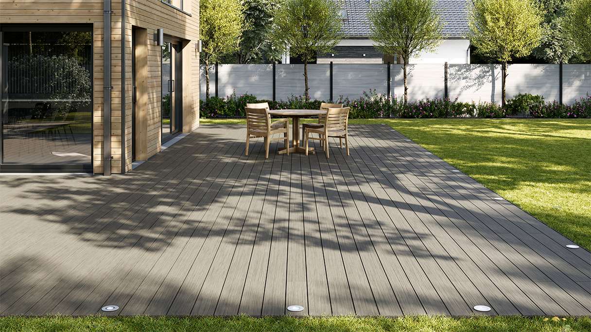 planeo AntikWood WPC-Terrasse Komplett-Set Massivdiele 3m (26.46m²) - Steingrau antik gealtert
