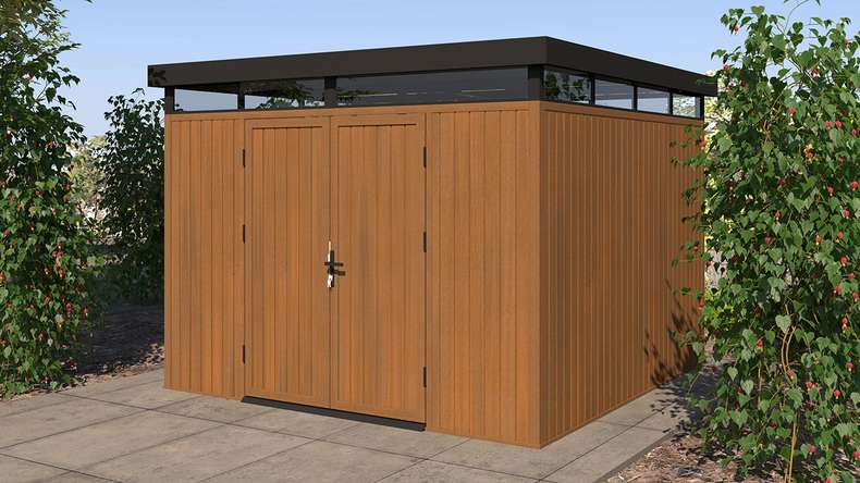 planeo WPC CoEx Flachdach Gartenhaus L - Burma Teak 300 x 292 x 226.5 cm