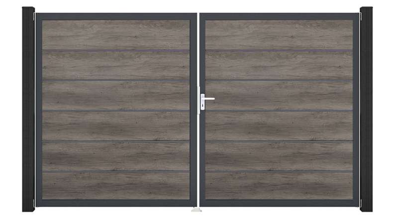 planeo Gardence Simply Premium - PVC-Tor 2-flügelig Monument Oak mit Alurahmen 300 x 180 cm