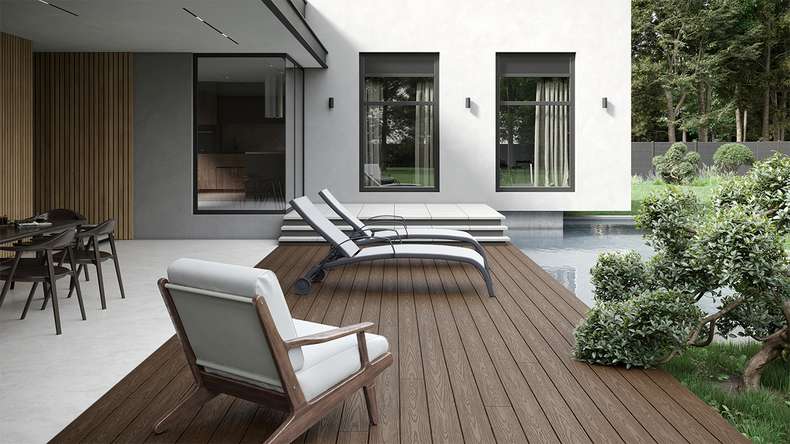 planeo CoEXWood WPC-Terrasse Komplett-Set Massivdiele - Hellbraun/Dunkelbraun strukturiert