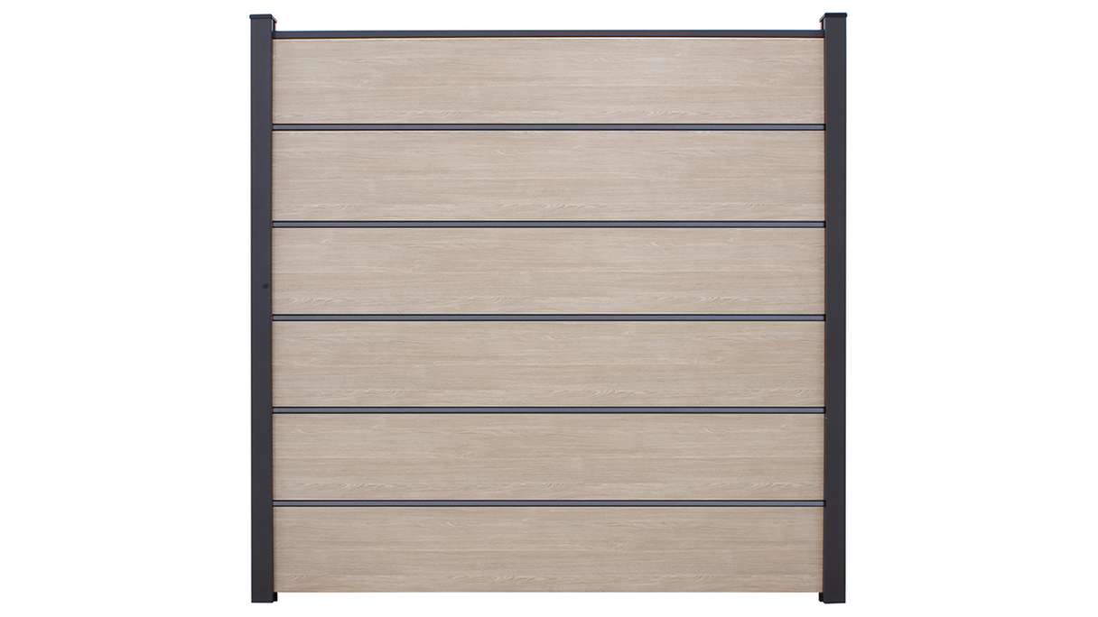 planeo Gardence Simply Premium - PVC-Steckzaun Sheffield Oak light mit Lisenen in Anthrazit 180 x 180 cm