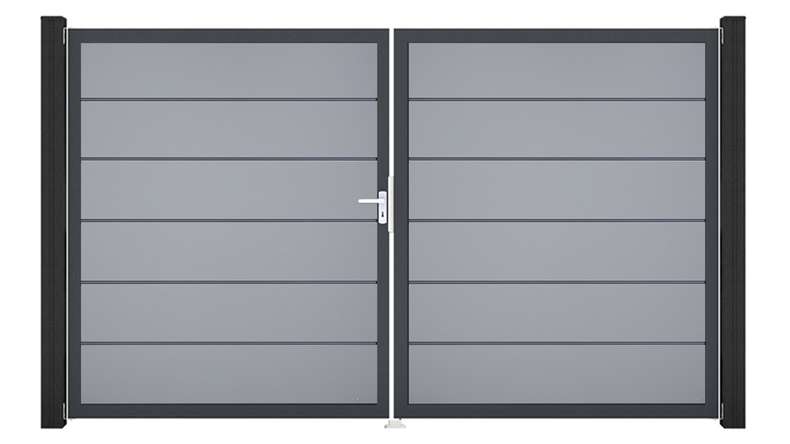 planeo Gardence Simply Premium - PVC-Tor 2-flügelig Silbergrau mit Alurahmen 300 x 180 cm