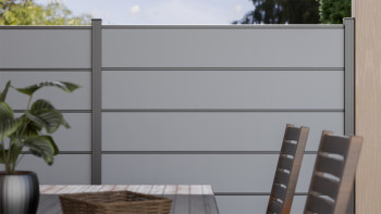 planeo Gardence Simply Premium - PVC-Steckzaun Silbergrau mit Lisenen in Anthrazit 180 x 180 cm