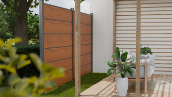 planeo Gardence Simply Premium - PVC-Steckzaun Golden Oak mit Lisenen in Anthrazit 180 x 180 cm