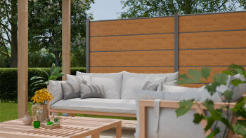 planeo Gardence Simply Premium - PVC-Steckzaun Asteiche Natur mit Lisenen in Anthrazit 180 x 180 cm