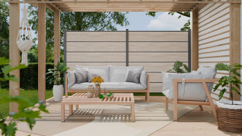 planeo Gardence Simply Premium - PVC-Steckzaun Sheffield Oak light mit Lisenen in Anthrazit 180 x 180 cm