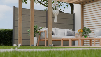 planeo Gardence Simply Premium - PVC-Steckzaun Grey Ash Cut mit Lisenen in Anthrazit 180 x 180 cm