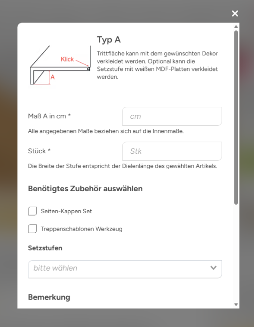 Ma&szlig;e und Angaben f&uuml;r den ausgew&auml;hlten Treppentyp eintragen